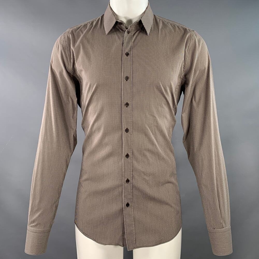 DOLCE & GABBANA SICILIA Brown White Gingham Cotton Blend Spread Collar Long